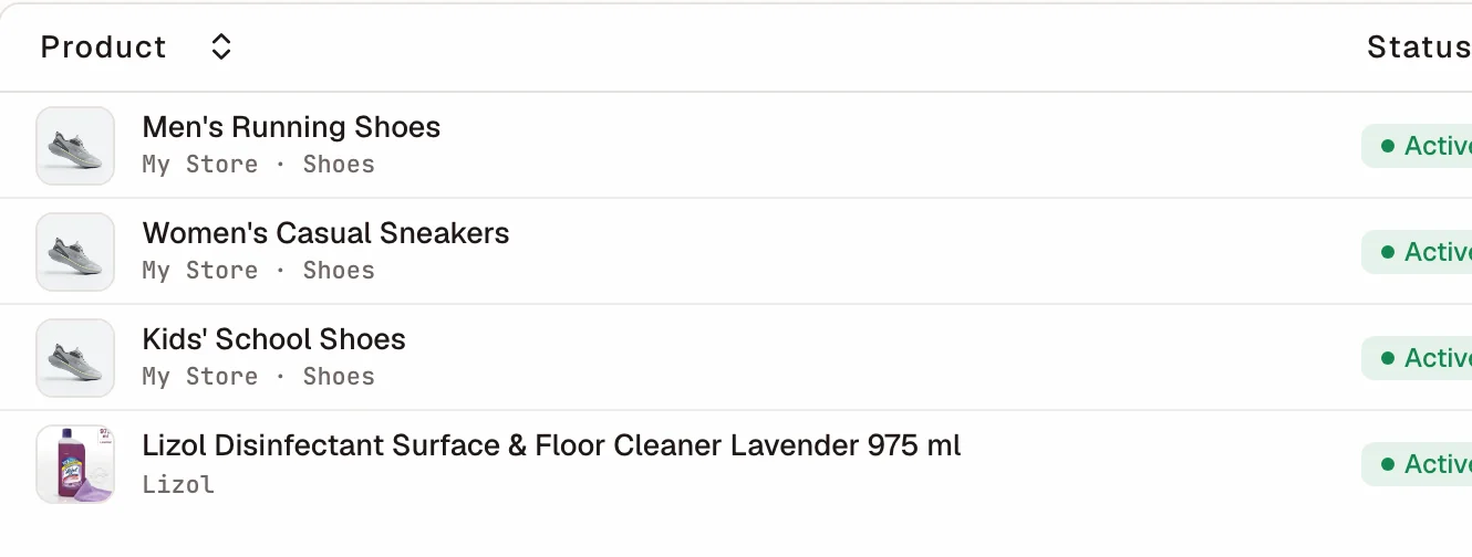 Products table synced from Shopify